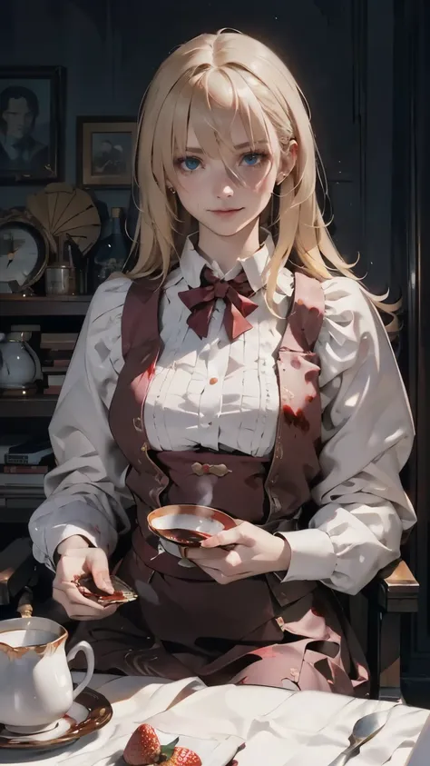 illustrations, top quality, dramatic lighting, (gun dress) ,masterpiece, top quality, Ultra Details, photorealistic depiction of the John Wick version of Alice in Wonderland, has one hand handling a pistol , Red High Quality Chair , She wears a blue dres...