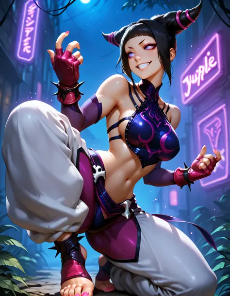 masterpiece,  best quality,  1girl, solo, absurdres, 
juridgog,
large breasts,
dpurple eyes, black hair, bangs, hair horns,
detached sleeves, fingerless gloves,  pink nails, toeless legwear, baggy pants, bracelet, halterneck,
from side , 
jungle,
  light p...