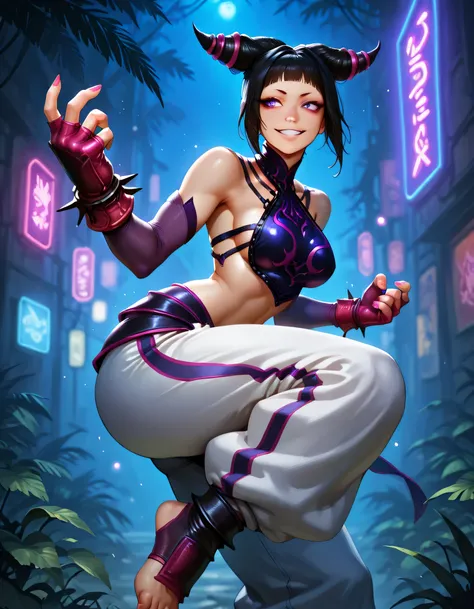 masterpiece,  best quality,  1girl, solo, absurdres, 
juridgog,
large breasts,
dpurple eyes, black hair, bangs, hair horns,
detached sleeves, fingerless gloves,  pink nails, toeless legwear, baggy pants, bracelet, halterneck,
from side , 
jungle,
  light p...