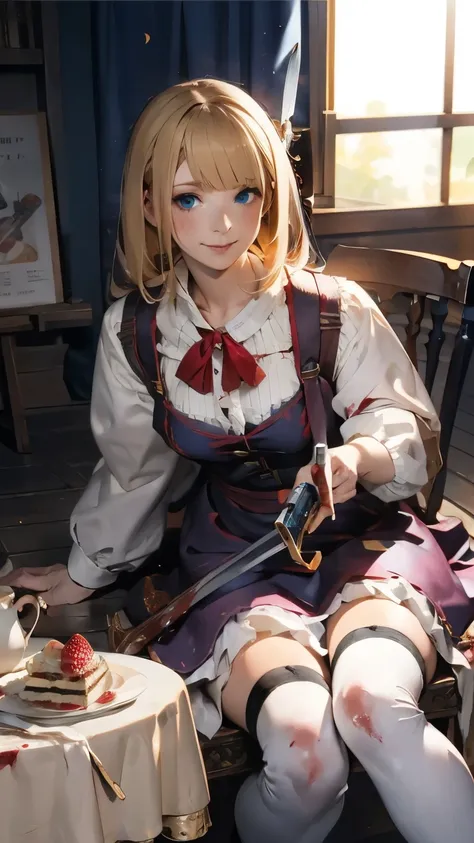 illustrations, top quality, dramatic lighting, (ruffle dress, musket ) ,masterpiece, top quality, Ultra Details, Photorealistic Depiction of the John Wick Version of Alice in Wonderland, one hand(pistol)Handle , Red High Quality Chair , She is wearing a...