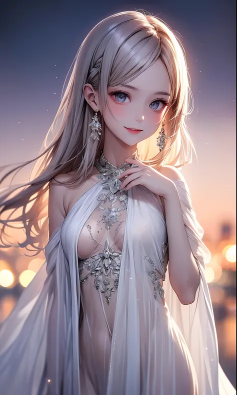 (masterpiece),(4K),High Quality,(small breasts),sexy girl、Sexy Saint , Long Silver Hair ,pale skin,smile, beautifully detailed grey eyes, ( high-definition and elegant ),( white cape let fashion), Magical Color and Atmosphere, detailed skin from sleeve to ...
