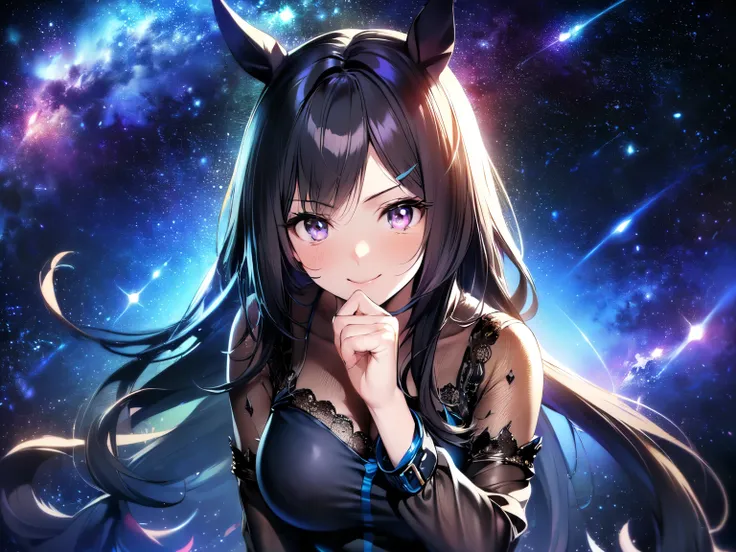 (Solo:1.5), (Adult:1.5), (Horse ears:1.5), (Small face, chubby:1.5), (Big breasts visible through clothes:1.5), (Arms crossed:1.5), (Free pose:1.5), (Looking at camera), (Shy smile:1.5), (Long black hair:1.5), (Blue see-through lace long sleeve dress:1.5),...