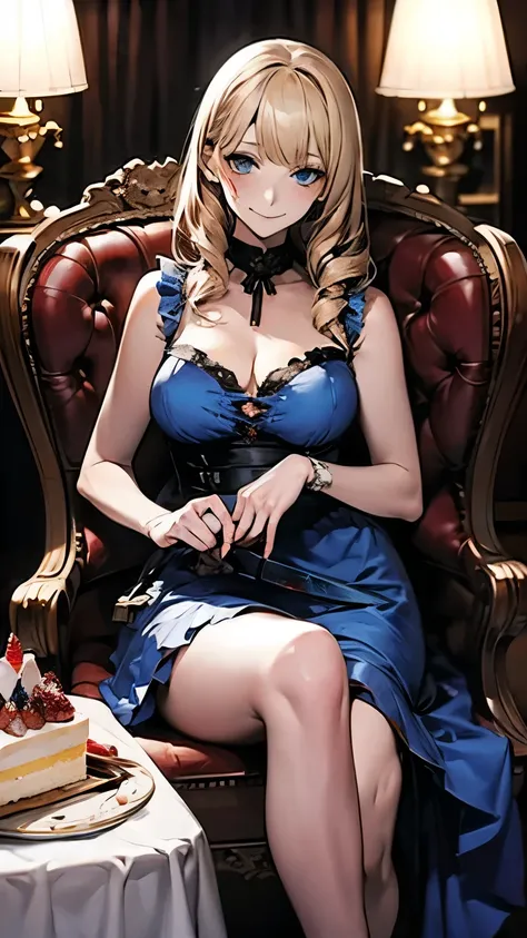 illustrations, top quality, dramatic lighting, (ruffle dress, Cut the cake with a sword) ,masterpiece, top quality, Ultra Details,  Photorealistic Depiction of the John Wick Version of Alice in Wonderland, Red High Quality Chair ,  She is wearing a traditi...