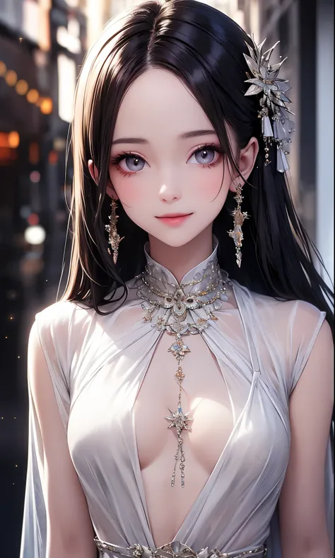 (masterpiece),(4K),High Quality,(small breasts),sexy girl、Sexy Saint , Long Silver Hair ,pale skin,smile, beautifully detailed grey eyes, ( high-definition and elegant ),( white cape let fashion), Magical Color and Atmosphere, detailed skin from sleeve to ...