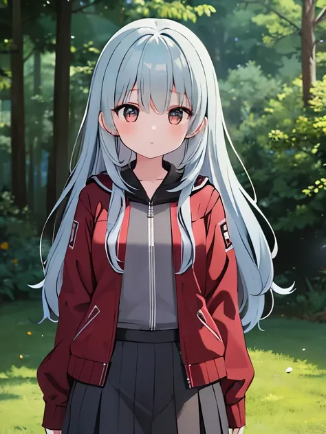 1girl, cowboyshot, long hair, blue grey hair, brown eyes, worn open jacket, dark red accents, skirt, slim leggings, forest, absurdres, high res, ultrasharp, 8k, masterpiece, looking at viewer