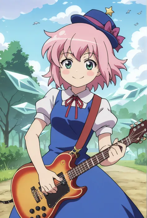 score_9, score_8_up, score_7_up,anime_source, source_anime, best background, detailed background, anime screencap,  Cirno, pink hair,green eyes,tiny green tower hat, green dress, dress, spectal guitar, looking at viewer, smile, solo, gentle smile, floating...