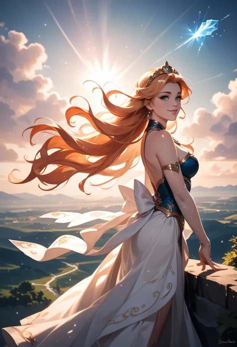 A digital anime-style illustration of a young female warrior standing on a cliff at sunset, holding a glowing crystal close to her heart. She has long flowing hair and wears an elegant, ethereal outfit. The background features dreamy clouds, soft light ray...