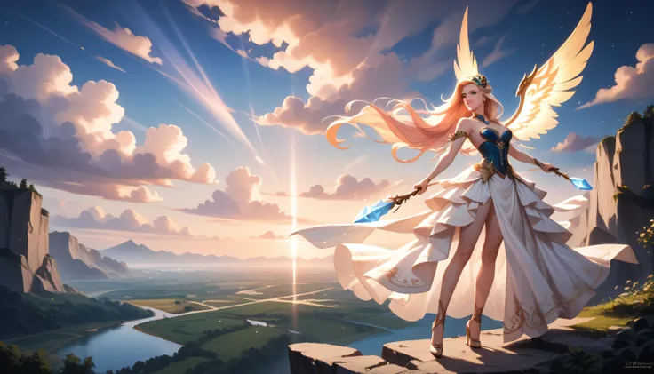 A digital anime-style illustration of a young female warrior standing on a cliff at sunset, holding a glowing crystal close to her heart. She has long flowing hair and wears an elegant, ethereal outfit. The background features dreamy clouds, soft light ray...