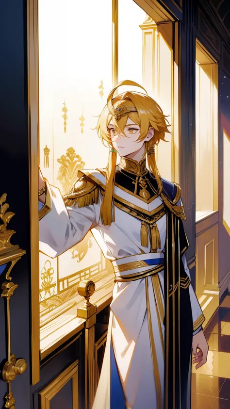 anime guy standing on the windowsill, handsome anime man, beautiful anime pose, Tall anime roman guy with golden eyes, long white hair , roman costumes, Greek prince.