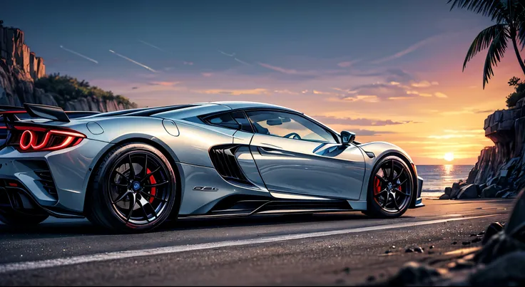 A futuristic  beautiful aggressive looking hyper car with cosmic crystalline paint ,running on beach along side the ocean at sunset,1 car