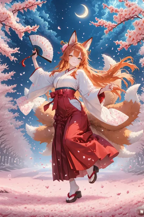 full body, from the right side, looking at view, dynamic, dancing, (adult cool woman:1.1),  ultra realistic 8k cg, epic, perfect artwork, picture-perfect face, beautiful face, charming,  smile, copper hair very long hair, wispy bangs, floating hair, ,fox e...