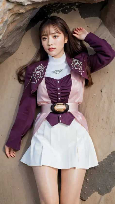 ( 高精細CG),( top quality ),((Viewpoint from directly above)),((Composition showing the top from the knee)),((IN THE CAVE)),((1girl)), perfect face, shiny skin ,wide hips , thin waist, purple bolero jacket,((white skirt)),long sleeve , pink belt,((brown hai...