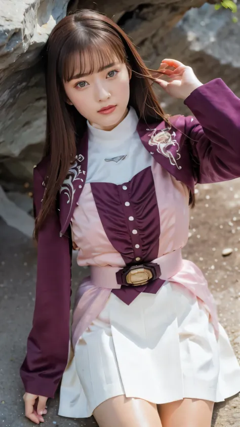 ( 高精細CG),( top quality ),((Viewpoint from directly above)),((Composition showing the top from the knee)),((IN THE CAVE)),((1girl)), perfect face, shiny skin ,wide hips , thin waist, purple bolero jacket,((white skirt)),long sleeve , pink belt,((brown hai...