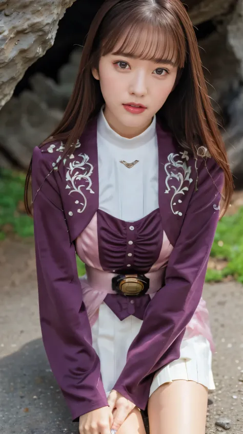 ( 高精細CG),( top quality ),((Viewpoint from directly above)),((Composition showing the top from the knee)),((IN THE CAVE)),((1girl)), perfect face, shiny skin ,wide hips , thin waist, purple bolero jacket,((white skirt)),long sleeve , pink belt,((brown hai...