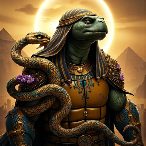 Main Character**:
- **MAB**: Visualize a powerful Egyptian Ninja Turtle with a fierce, wise expression. His shell should be ornate, decorated with ancient Egyptian symbols and glowing hieroglyphics. His cloak flows dramatically in the wind, giving him an...