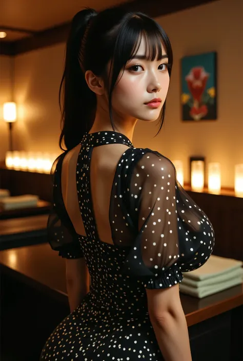 Highest quality, photo realistic, high resolution, masterpiece,
Super beautiful Japanese woman, her job is a masseuse, looks like a intimidating dominatrix, closed mouth, condescending gaze, charm with gaze, staring at the viewer, long false eyelashes, mak...