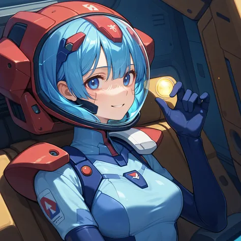 ((Holographic Glow Effect))、 Gundam wing cockpit,blue hair、masterpiece、top quality、1 person、medium bust、((album cover))、light on face、slender body、white and blue pilot suit with enamel finish、 elbow length gloves 、long hard boots 、exoskeleton、Metal Gear、...