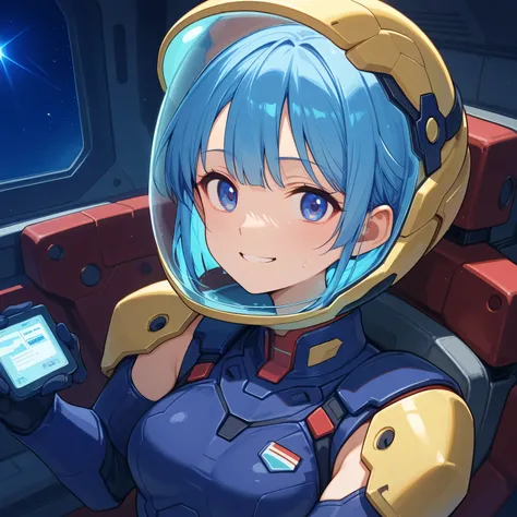 ((Holographic Glow Effect))、 Gundam wing cockpit,blue hair、masterpiece、top quality、1 person、medium bust、((album cover))、light on face、slender body、white and blue pilot suit with enamel finish、 elbow length gloves 、long hard boots 、exoskeleton、Metal Gear、...