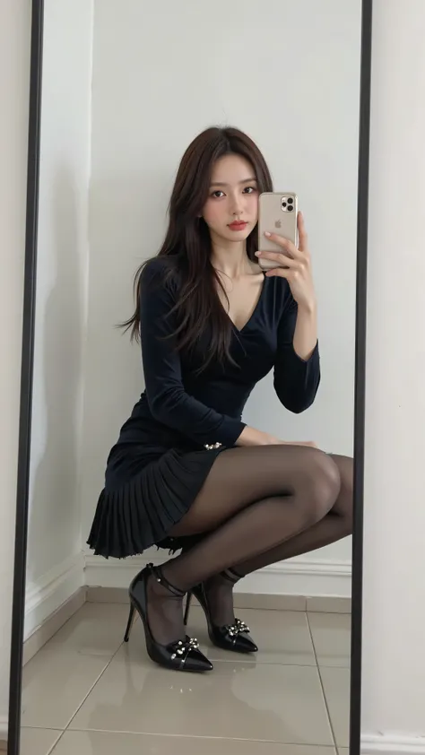 SS,BD, Beautiful and stylish woman, The face of a beautiful young Korean actress, tall,  beautiful long legs, full body,
 A pleated velvet mini dress、上身合身的女性的full body照片 , ，long sleeve，with subtle embellishments on her skirt . 。She wears tight black pants ...