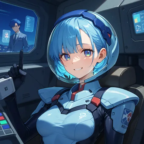 ((Holographic Glow Effect))、 Gundam wing cockpit,blue hair、masterpiece、top quality、1 person、medium bust、((album cover))、light on face、slender body、white and blue pilot suit with enamel finish、 elbow length gloves 、long hard boots 、exoskeleton、Metal Gear、...