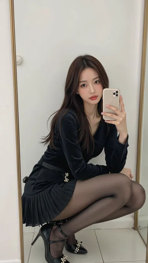 SS,BD, Beautiful and stylish woman, The face of a beautiful young Korean actress, tall,  beautiful long legs, full body,
 A pleated velvet mini dress、上身合身的女性的full body照片 , ，long sleeve，with subtle embellishments on her skirt . 。She wears tight black pants ...
