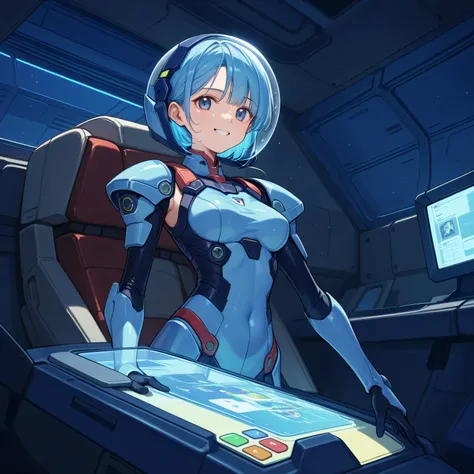 ((Holographic Glow Effect))、 Gundam wing cockpit,blue hair、masterpiece、top quality、1 person、medium bust、((album cover))、light on face、slender body、white and blue pilot suit with enamel finish、 elbow length gloves 、long hard boots 、exoskeleton、Metal Gear、...