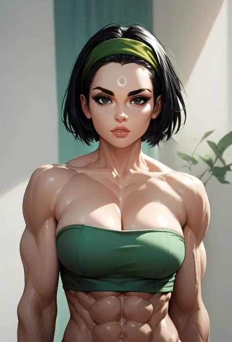 perfect face, black hair, short hair, (green headband, forehead), black thin eyebrows, dark brown eyes, black eyelashes, nose, normal lips, collarbone, cleavage, (green tube top), (muscles), (abs), medium breasts, looking at viewer