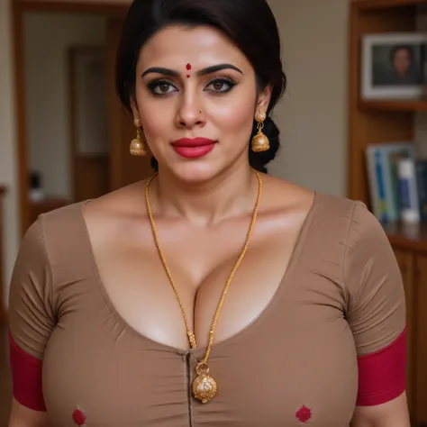 40 year old woman, deep cleavage , earrings, red sindhoor