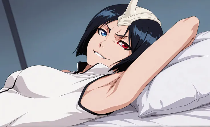masterpiece, best quality, amazing quality, anime screencap, anime coloring, 1girl, solo, 3m1l0u, heterochromia, blue eyes, red eyes, black hair, short hair, medium breasts, single horn, white jacket, small breasts, skindentation, sleeveless, bare shoulder...