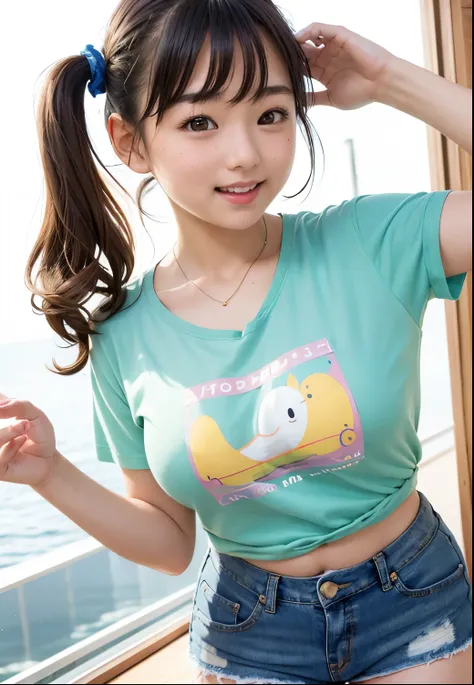 ( best quality ,masterpiece:1.3, ultra-high image quality of processing),( very detailed、 caustics ) ( realistic:1.4, RAW shooting、)Ultra- realistic Capture、 very detailed、 natural skin texture 、masterpiece、( The upper body is a short hologram t-shirt、A Ja...
