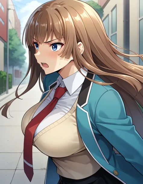 score_9, score_8_up, score_7_up, score_6_up, source_anime, (aoi nagisa:1.1), BREAK solo, 1girl, koukawa asuka, brown hair, long hair, blue eyes, bangs, (huge breasts:0.8), medium body, BREAK (blue_school_jacket, tight clothes:1.1), breasts, black gloves, c...