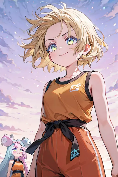 Iono (Pokémon Scarlet and Violet), Little , ((((Just 1 Iono)))), small, flat breasts, short hair, loose hair, ((floating hair)), blond hair, green eyes, Super Saiyan, ((confident expression)), confident smile, Extremely detailed face, Goku's training unifo...