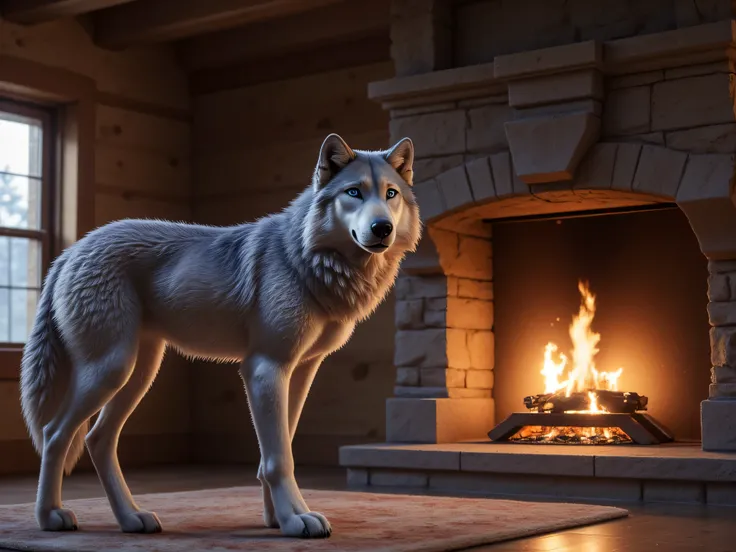 (masterpiece), best quality, 1wolf, standing next to a large open fireplace, in an old wood cabin, (best quality, 4K, 8K, high-resolution,) photorealistic, score_9, score_8_up, score_7_up,

