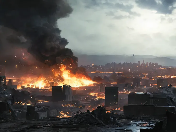 It's night. About 7pm. The city is completely in ruins and extremely realistic. I want a view of the city from ground level. The viewing angle has to be as if I were on the ground looking at the ruins of Metropolis. Viewing angle from the ground of Metropo...