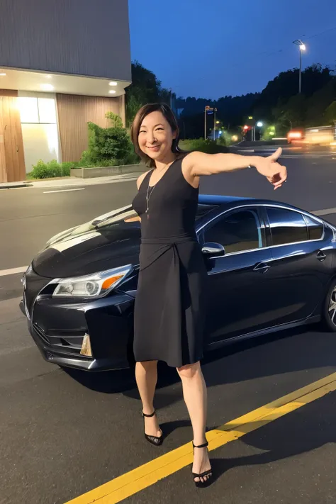Car parts are scattered on the highway, and a black Prius is parked on the side of the road with its front end crashed. With this in the background, 44-years old Hirosue Ryoko is walking towards us.at night, She has her arms outstretched, posing like a cat...