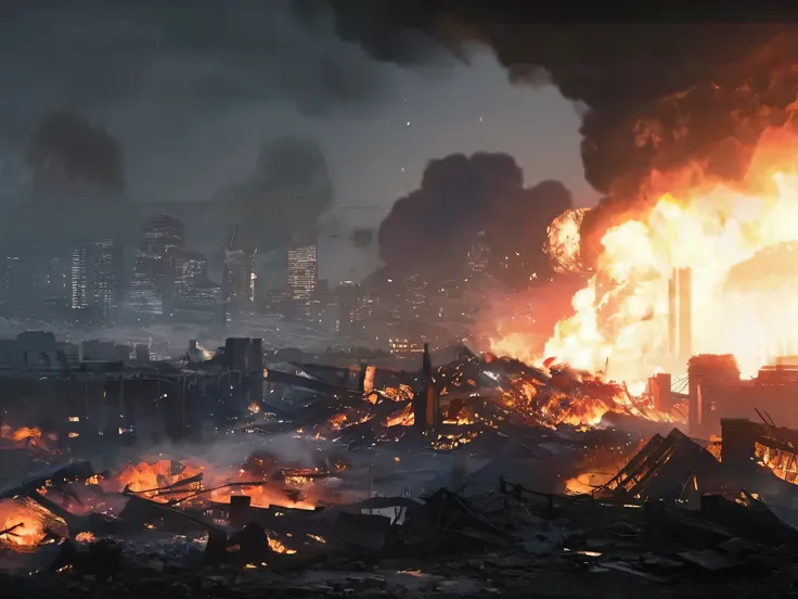 It's night. The sky is covered in smoke and ash. The city is completely in ruins and extremely realistic. I want a view of the city from ground level. The viewing angle has to be as if I were on the ground looking at the ruins of Metropolis. Viewing angle ...