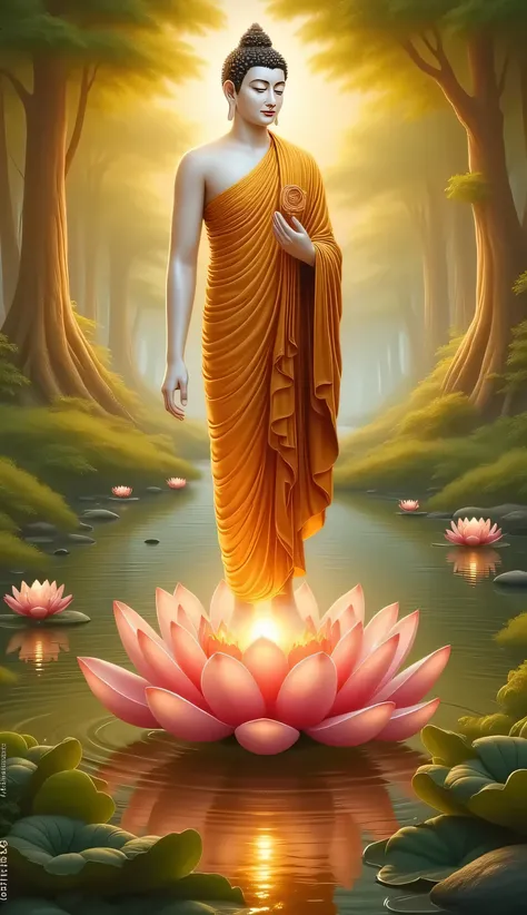 ကြည်ညိုဖွယ်ရာမြတ်ဗုဒ္ဓ ကြာပွင့်တစ်ခုပေါ်မှာရပ်နေပုံ