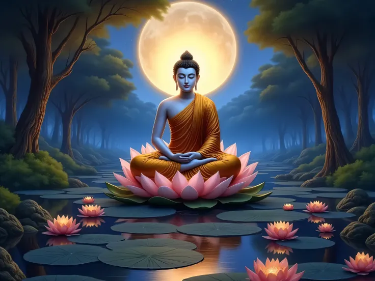 လပြည့်ည နှင့် ကြည်ညိုဖွယ်ရာမြတ်ဗုဒ္ဓ ကြာပွင့်ပေါ်မှာတရားထိုင်နေပုံ