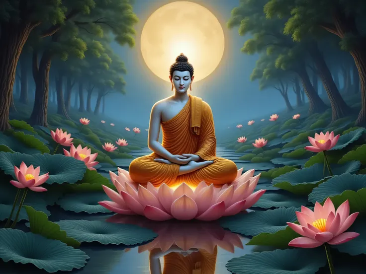 လပြည့်ည နှင့် ကြည်ညိုဖွယ်ရာမြတ်ဗုဒ္ဓ ကြာပွင့်ပေါ်မှာတရားထိုင်နေပုံ