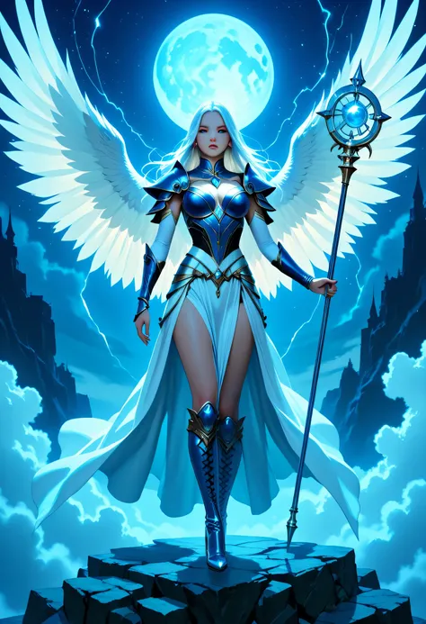 female, sorceress, casting divine spell, full body, aasimar, female, white large feathered wings, gold and silver hair, blue eyes, determined face, divine light, intense eyes, ultra feminine, ultra detailed face, (Masterpieceת intense details:1.5), wearin...