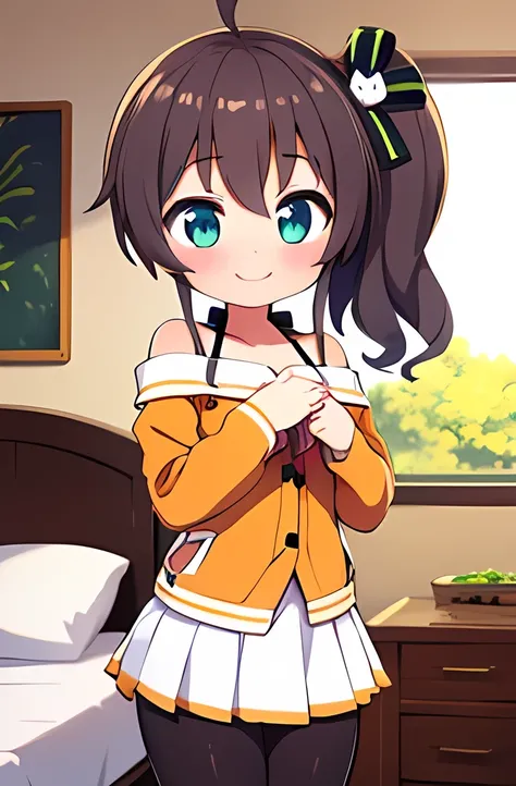 1girl ,Natsuiro matsuri ,side ponytail,smile ,in heat ,going home ,in the house ,bedroom ,cowboy shot,(face focus ),