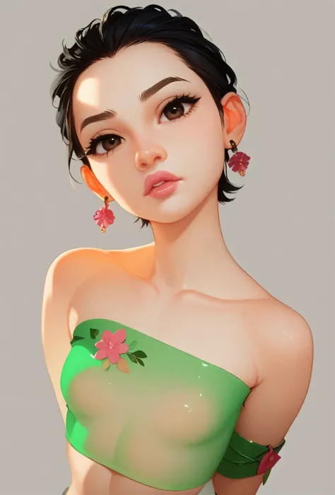 black hair, short hair, (forehead), (green band head), black thin eyebrows, dark brown eyes, black eyelashes, nose, normal lips, pink lips, small breasts, (green tube top), simple background