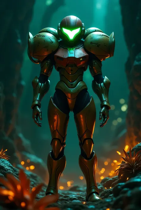 A hyper-realistic portrait of Samus Aran in her Power Suit, standing in a dark, alien environment with glowing bioluminescent plants and mist swirling around her feet. The metallic armor is battle-worn with scratches and scorch marks, reflecting soft ambie...