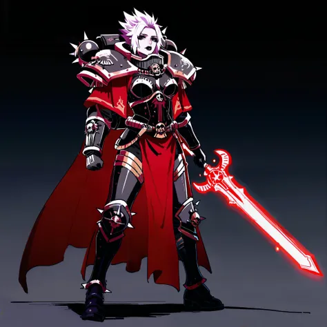 score_9, score_8_up, score_7_up, score_6_up, score_5_up, score_4_up Adepta Sororitas with short white spikey hair, black lipstick and black eyeliner, goth look (Spiked hair), full body weilding a glowing power sword warhammer 40k battle pose
