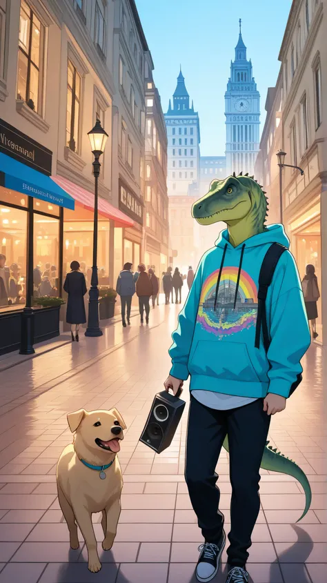 A half-human, half-dinosaur with a dinosaur head and human body, wearing a stylish colorful hoodie and street fashion, walking through a fashionable European city, holding a speaker in his hand, with two strong dogs on either side.