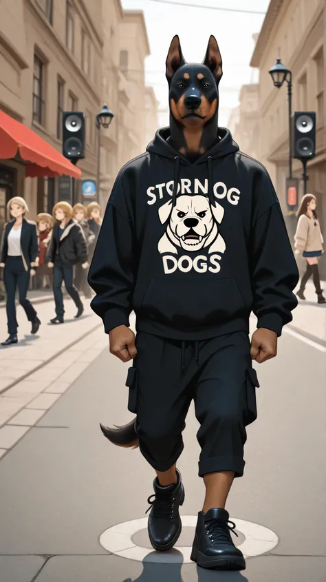 A human with an anime-style dinosaur head、wearing strong dogs on both sides。walking around European streets in street fashion、Speaker in hand、Strong dogs like bulldogs and Dobermans on both sides2Strong dogs like bulldogs and Dobermans on both sides that f...