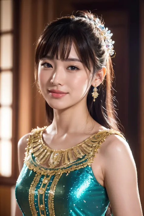 Medium size display, intermediate shot, writing boundary depth, Bust, upper body, Cinematic Angle , masterpiece, top quality, are very good and detailed, CG, 8k Wallpaper, beautiful face, watch, Otome, alone, smile, bungs, real hair ornaments,Rainbow C...