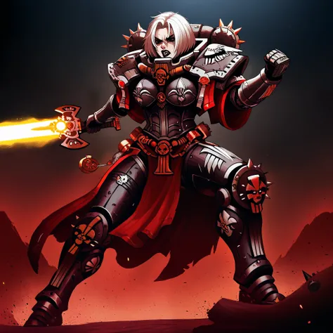 a solo alonemuscular Adepta Sororitas with white short length messy middle parted hair, black lipstick and black eyeliner, goth look (Spiked hair), wielding a glowing power sword Warhammer 40k battle pose, has one robotic leg (hair parted in the middle) an...