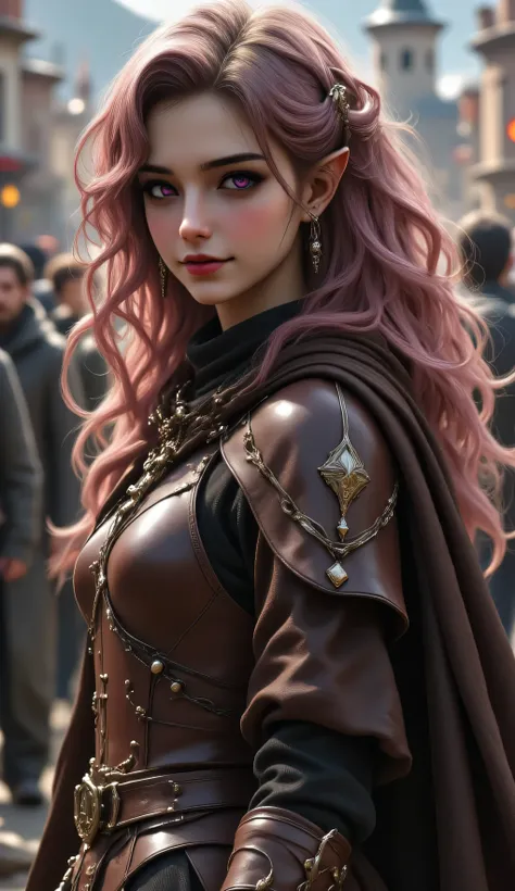 full body，Elf girl with curly rose gold hair、violet-colored eyes、pointed ears、bright eyes fishing up in the background，BIOLOGICALLY CORRECT、smile、medieval reddish brown leather armor、Dark brown cloak ，does not reveal skin，fine skin texture、long hair、Light、...