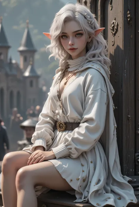 beautiful birch hair、short hair，Ivory Eyes、 clear eyes ，dark fantasy、Sacred、pointed ears、BIOLOGICALLY CORRECT、smile、medieval white robe，cloak，I'm showing off my legs 、fine skin、long hair、light、reflection、beautiful legs ,  great detail of body and face in a...